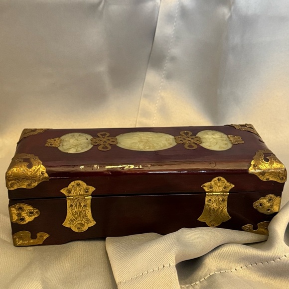 Vintage Chinese Jewelry Box Rosewood With Brass and Design red Silk Interior - Picture 2 of 12